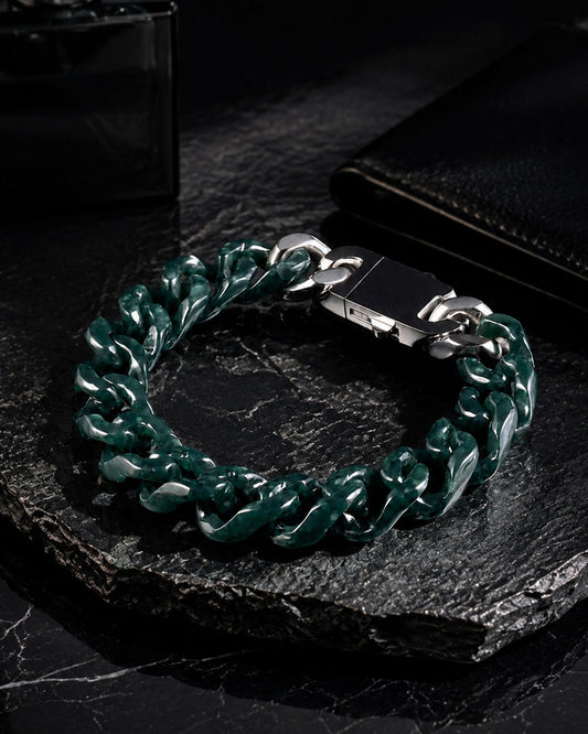 One Piece Carved Cuban Chain Bracelet In Dark Green Jade