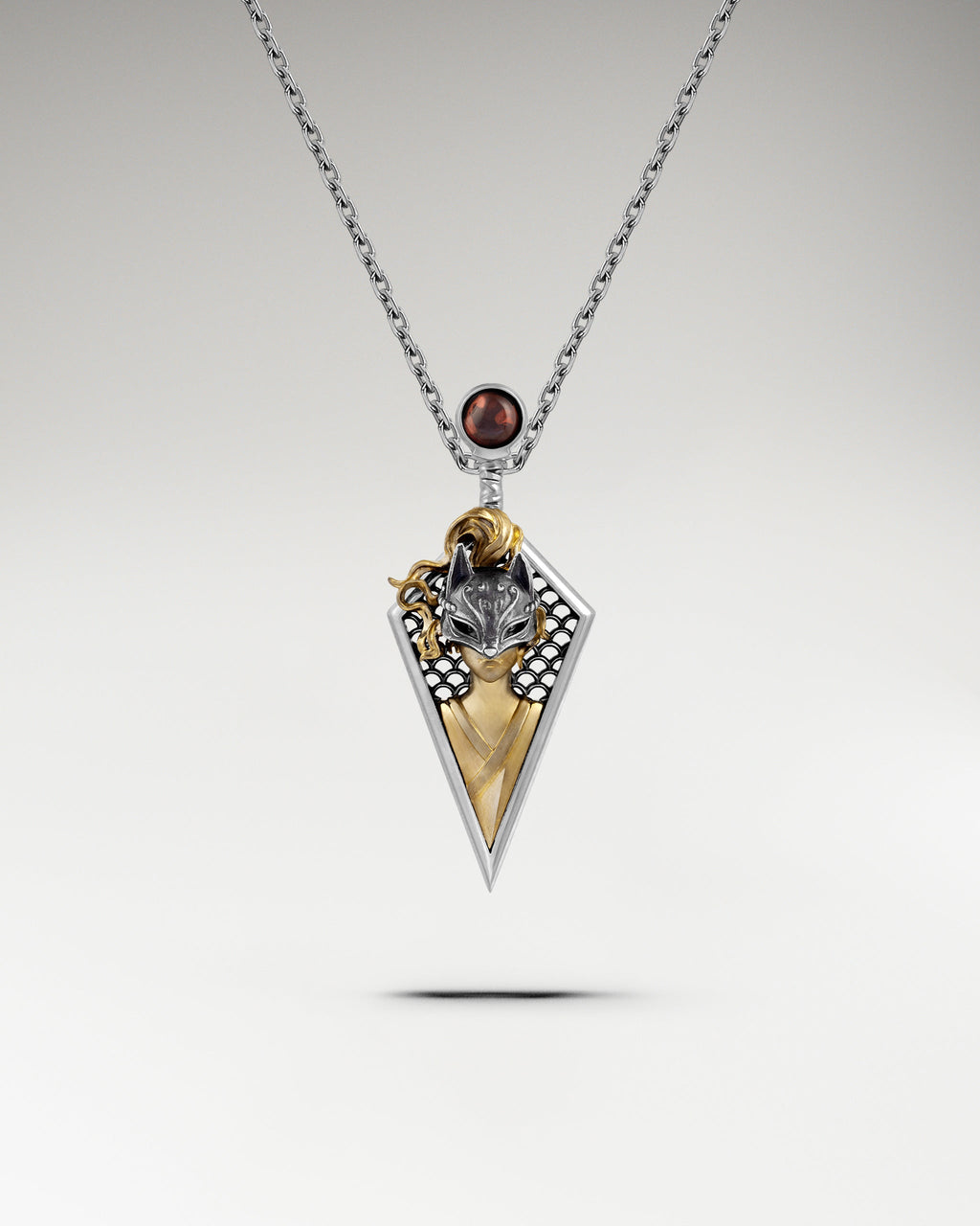 Kitsune Samurai Necklace / Brooch Pin With Garnet