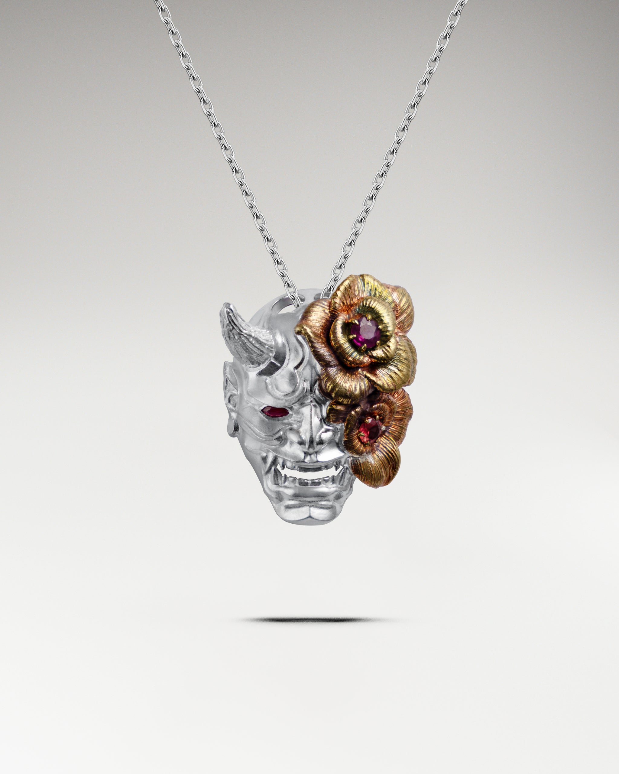 Hannya Mask Pendant Necklace With Garnet