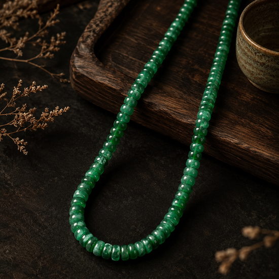 Drum Beads Necklace In Imperial Green Guatemalan Jade With 18K Gold Clasp - JadeChains