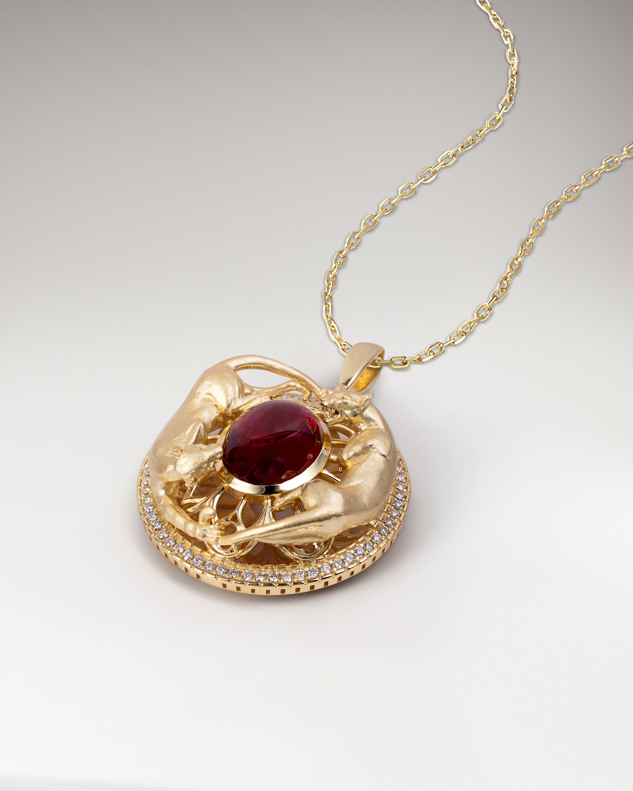 Twin Panthers Medallion Pendant Necklace With Mayan Jade