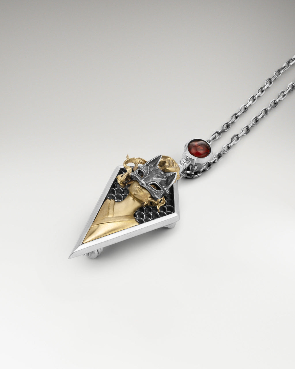 Kitsune Samurai Necklace / Brooch Pin With Garnet