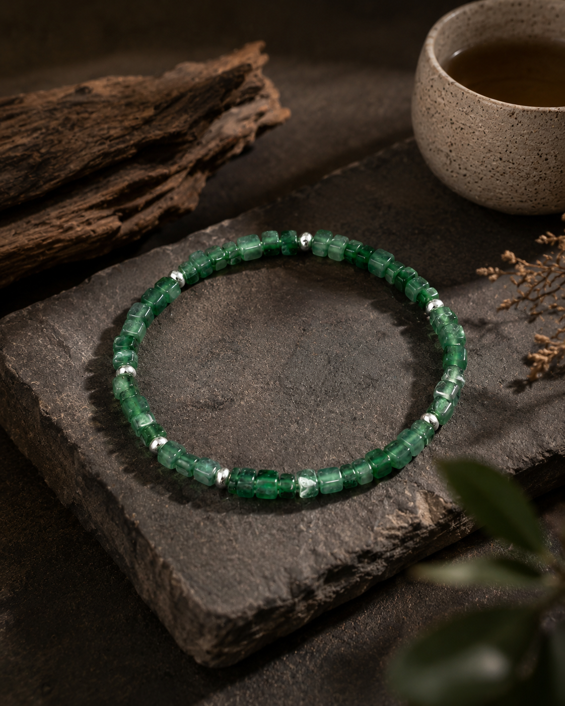 Block Beads Bracelet In Icy Emerald Green Guatemalan Jade - JadeChains