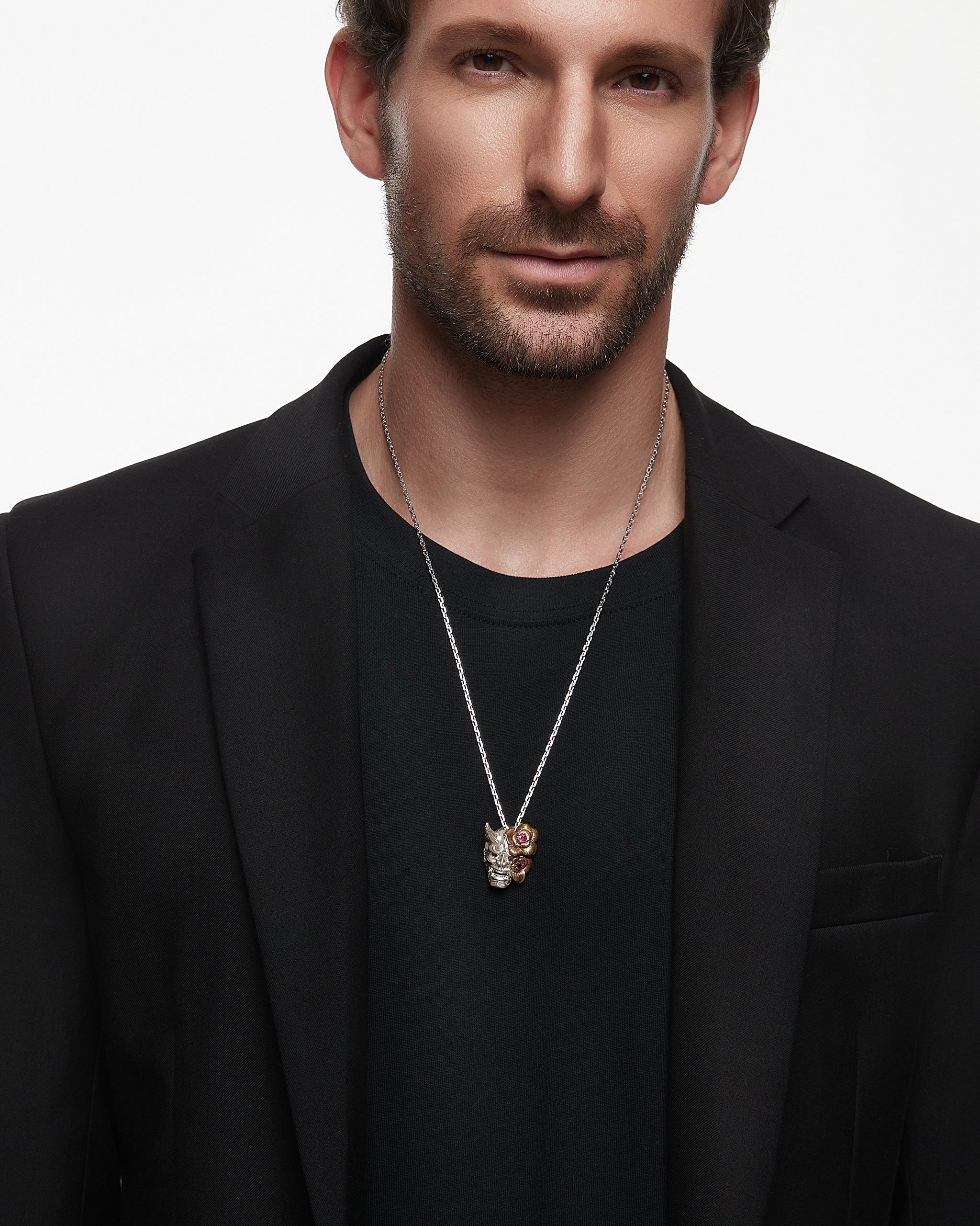 Hannya Mask Pendant Necklace With Garnet