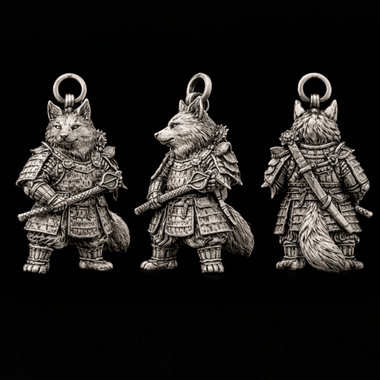 Silver Fox Samurai Charm Pendant - JadeChains