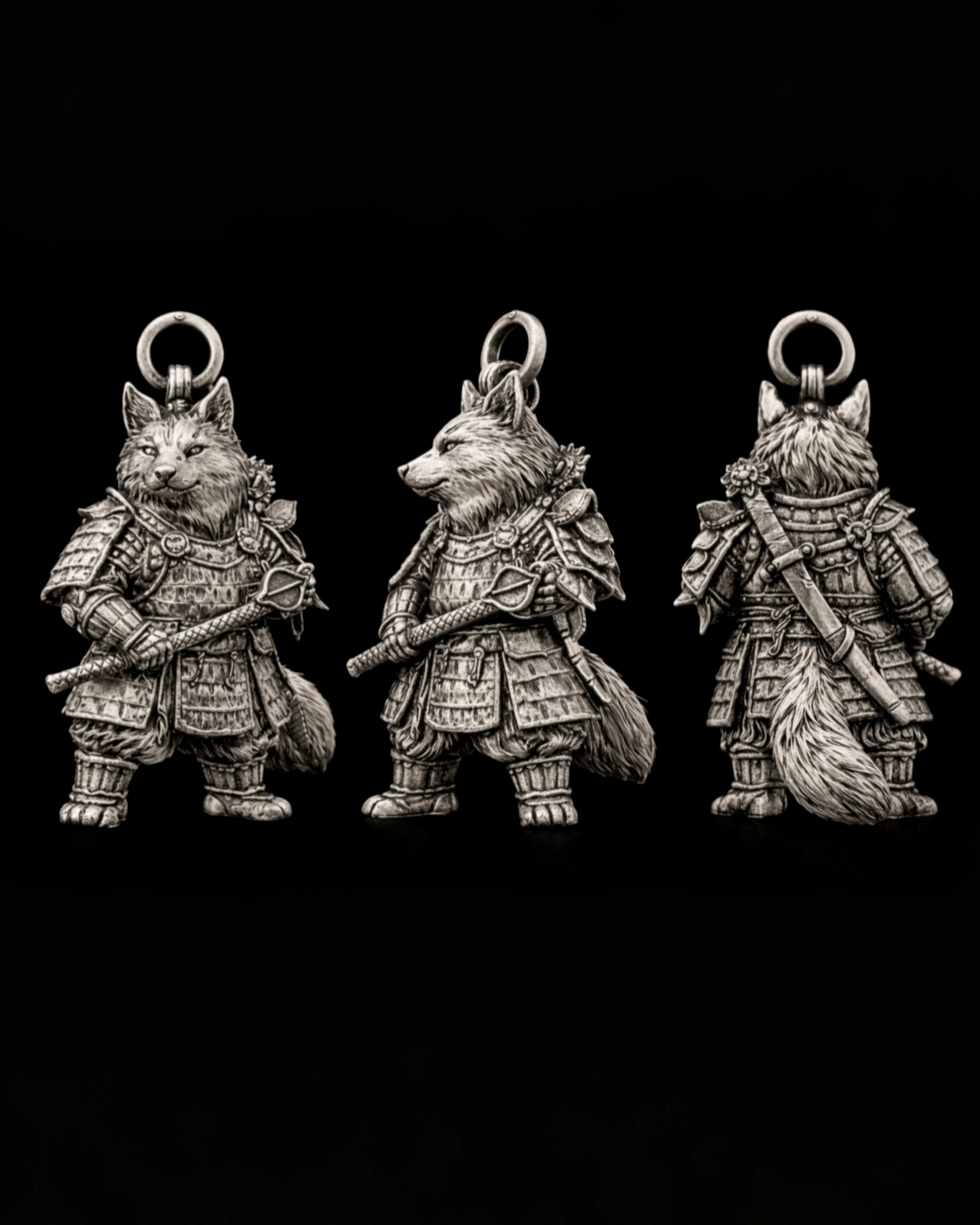 Silver Fox Samurai Charm Pendant