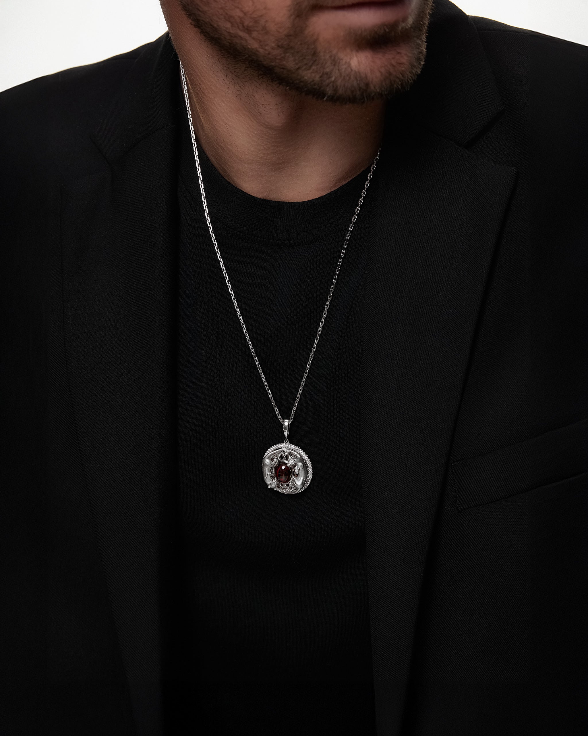 Twin Panthers Medallion Pendant Necklace With Mayan Jade