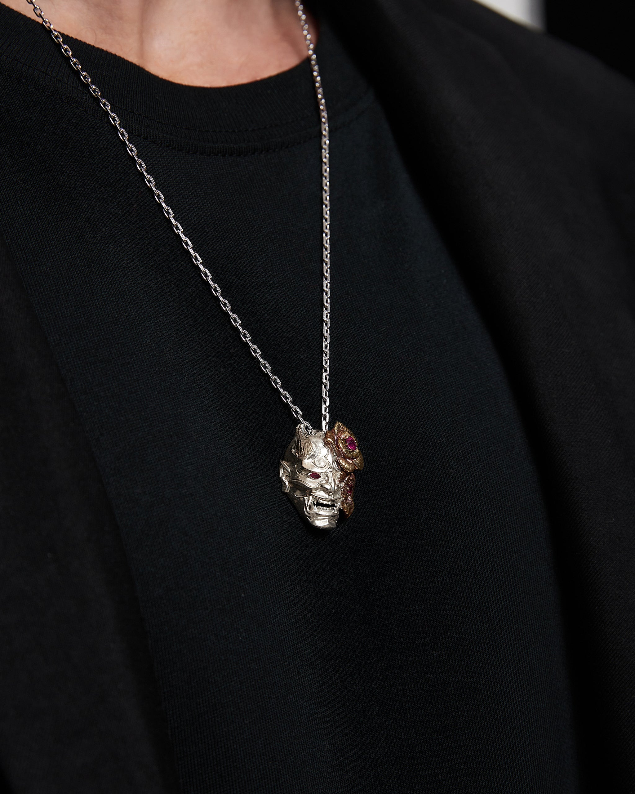 Hannya Mask Pendant Necklace With Garnet