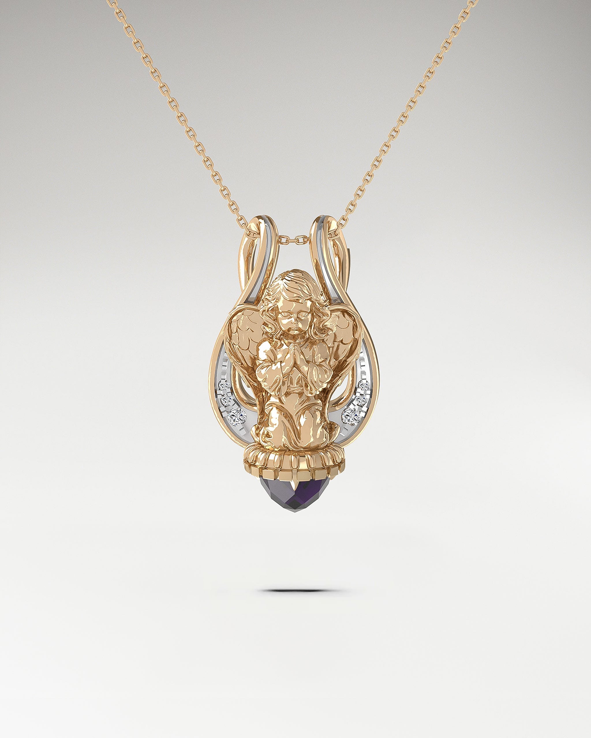 Lyre Angel Pendant Necklace With Amethyst