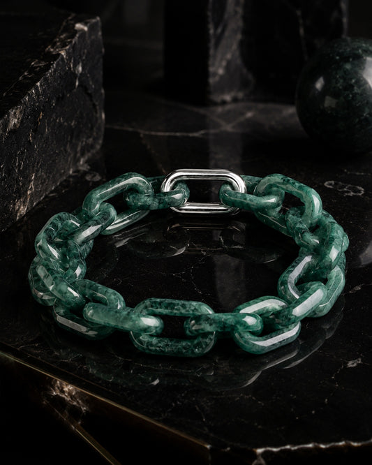 One Piece Carved Cable Chain Bracelet In Green Mayan Jade