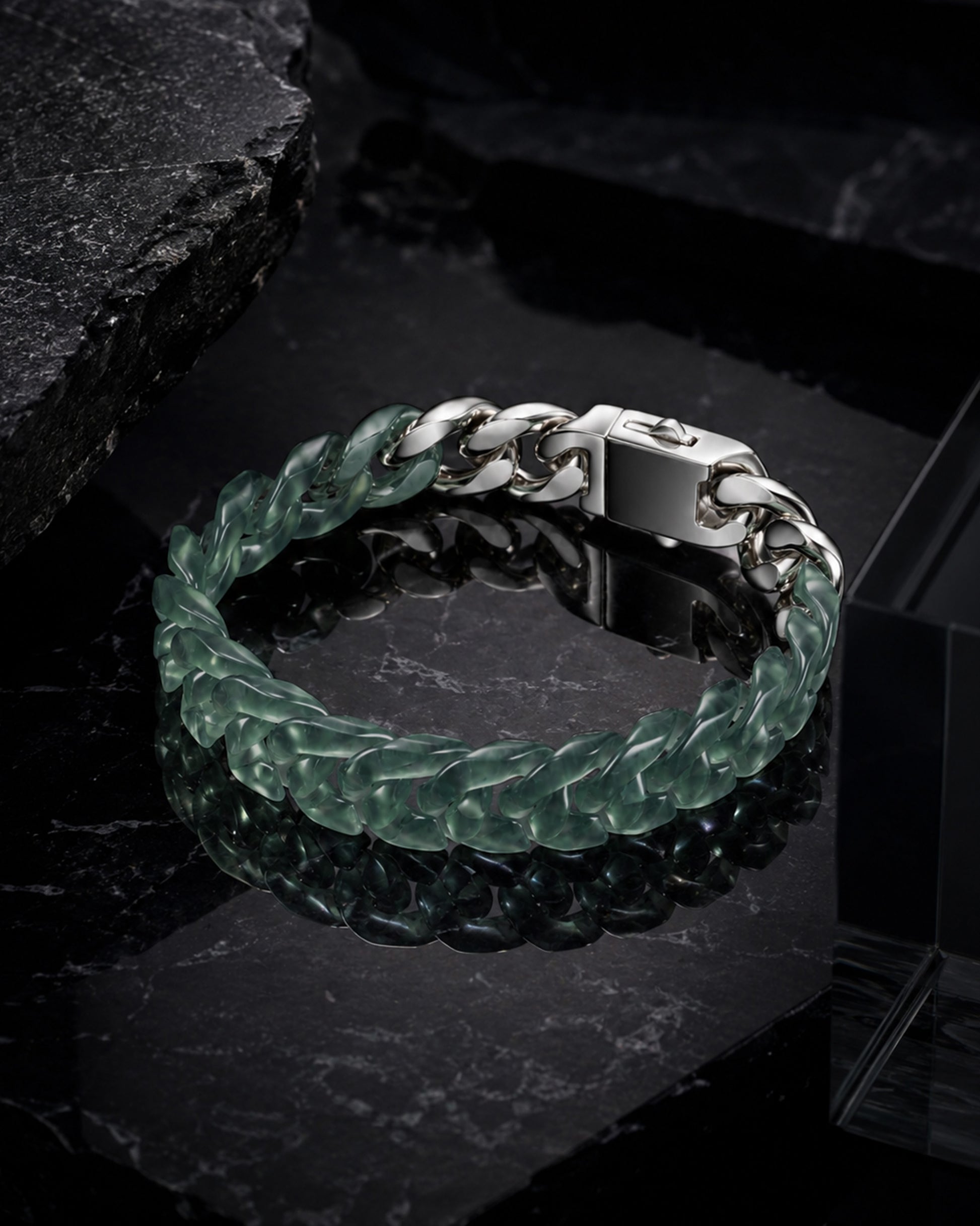 Classical Cuban Bracelet In Top Icy Green Guatemalan Jade - JadeChains