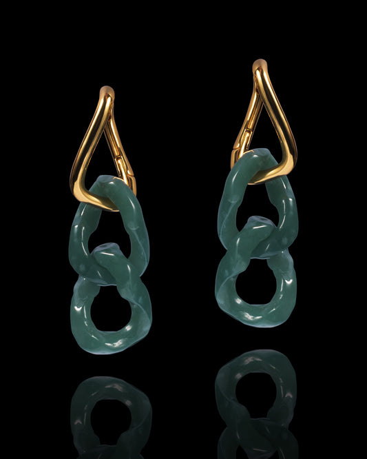 Carved Cuban Chain Earrings In Green Mayan Jade