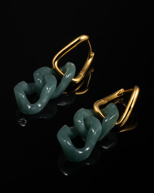 Carved Cuban Chain Earrings In Green Mayan Jade