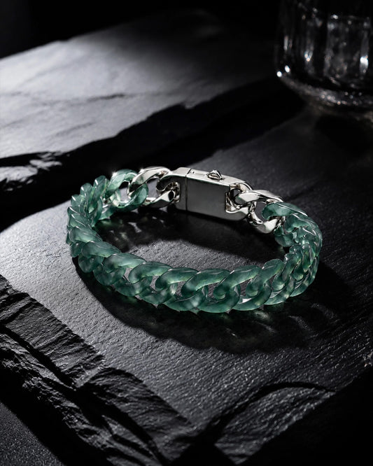 Classic Cuban Link Chain Bracelet In Top Icy Green Guatemalan Jade