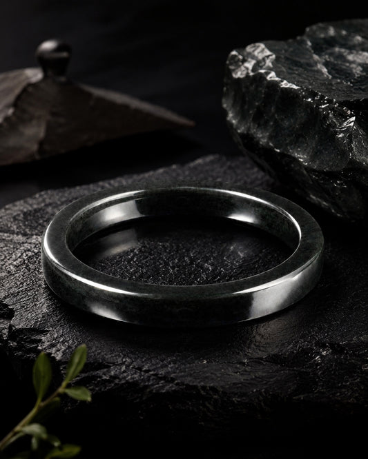 Flat Square Bangle In Dark Green Nephrite