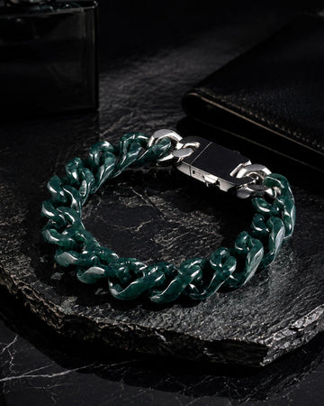 Single Piece Carved Cuban Chain Bracelet In Dark Green Jade