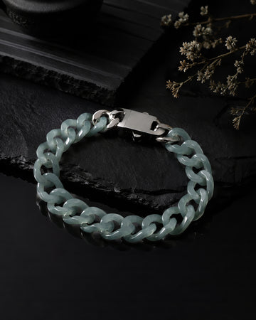 Single Piece Carved Cuban Chain Bracelet In Top Icy Green Jade