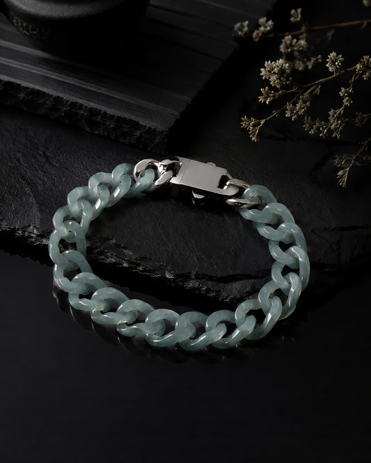 Single Piece Carved Cuban Chain Bracelet In Top Icy Green Jade