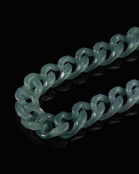 Single Piece Carved Cuban Chain Bracelet In Top Icy Green Jade