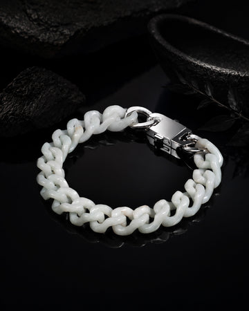 Single Piece Carved Cuban Chain Bracelet In White Jade