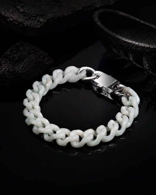 Single Piece Carved Cuban Chain Bracelet In White Jade