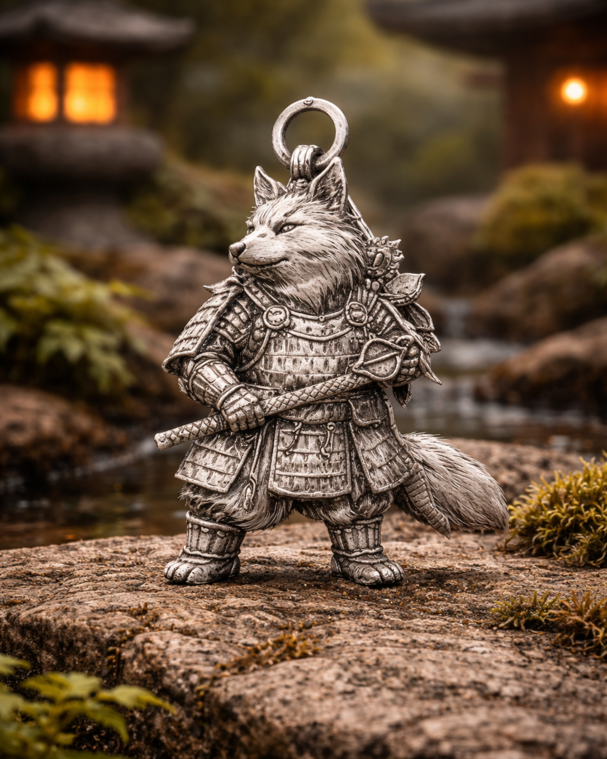 Silver Fox Samurai Charm Pendant