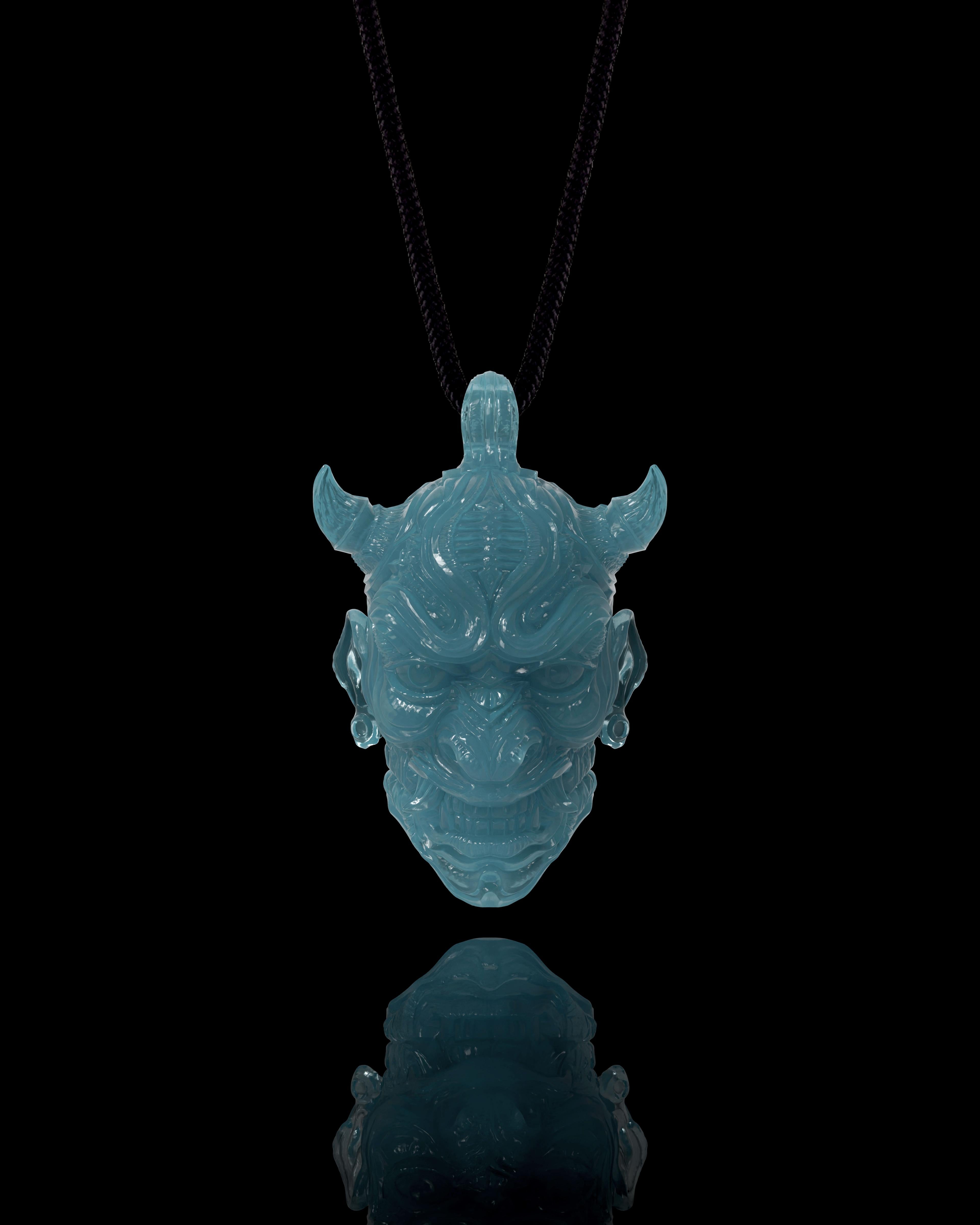 Hannya Mask Pendant In Mayan Blue Jade