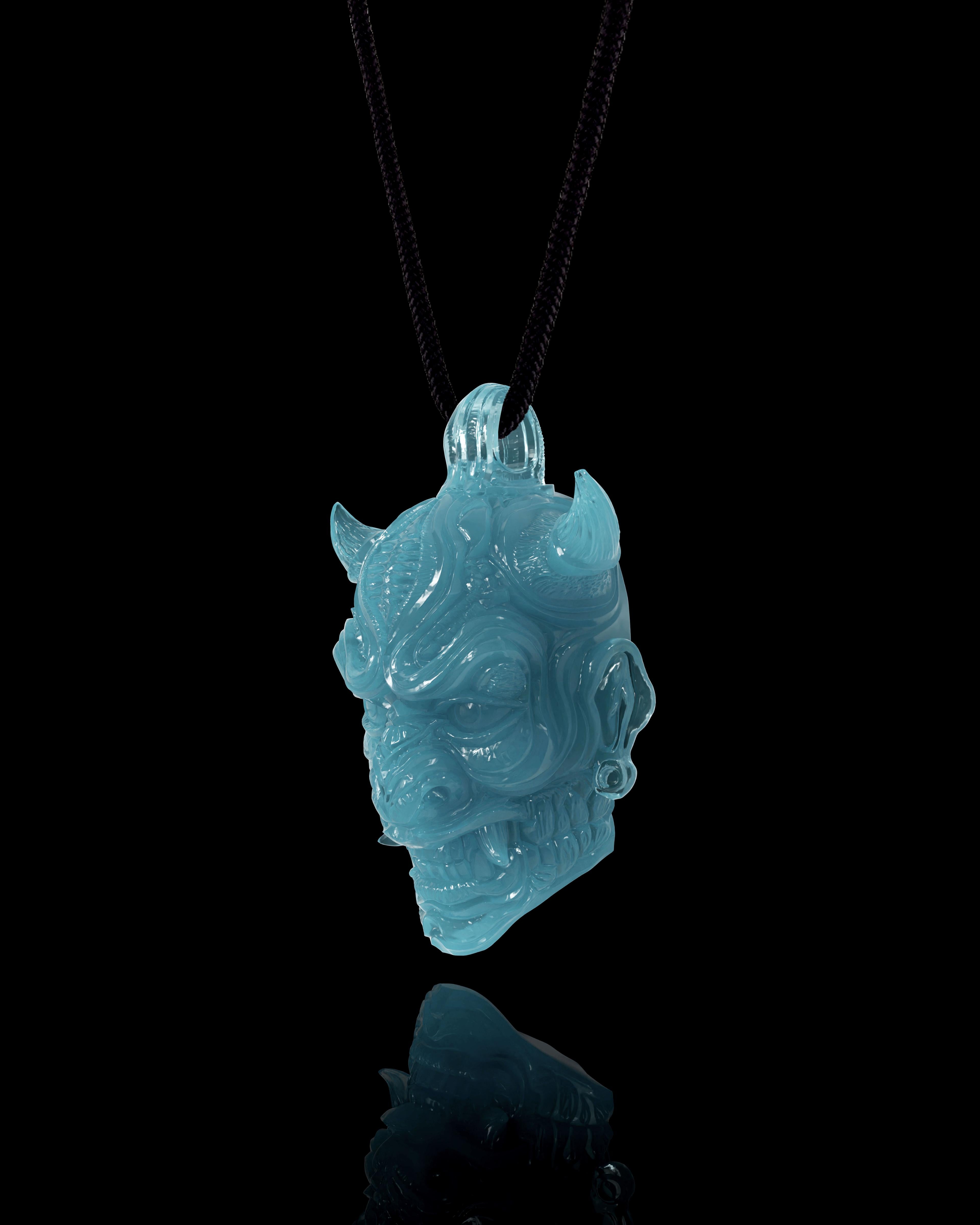 Hannya Mask Pendant In Mayan Blue Jade
