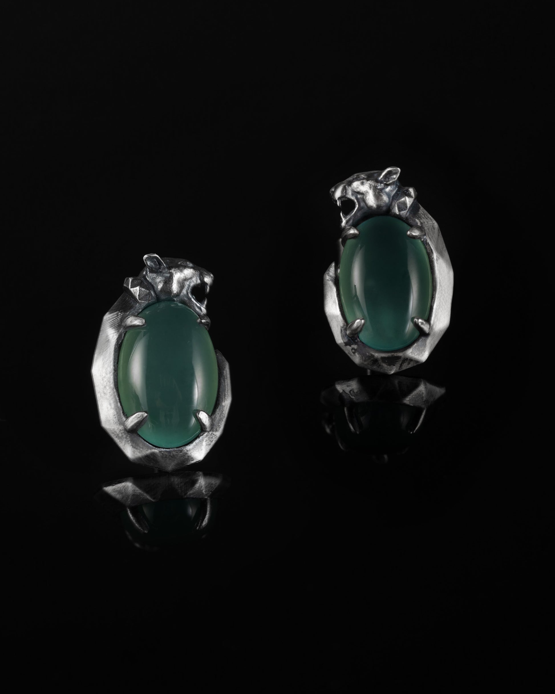 Panther's Fang Earrings In Nickel Silver With Guatemalan Jade - JadeChains