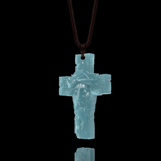 Thorn Saviour Cross Pendant In Mayan Blue Jade - JadeChains