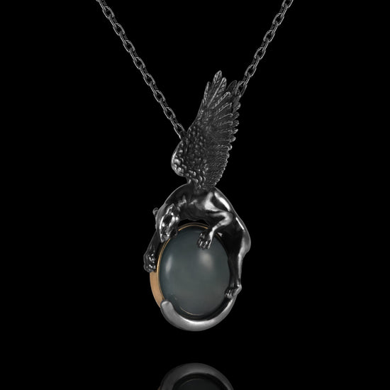 Winged Leopard Pendant In Nickel Silver With Guatemalan Jade - JadeChains