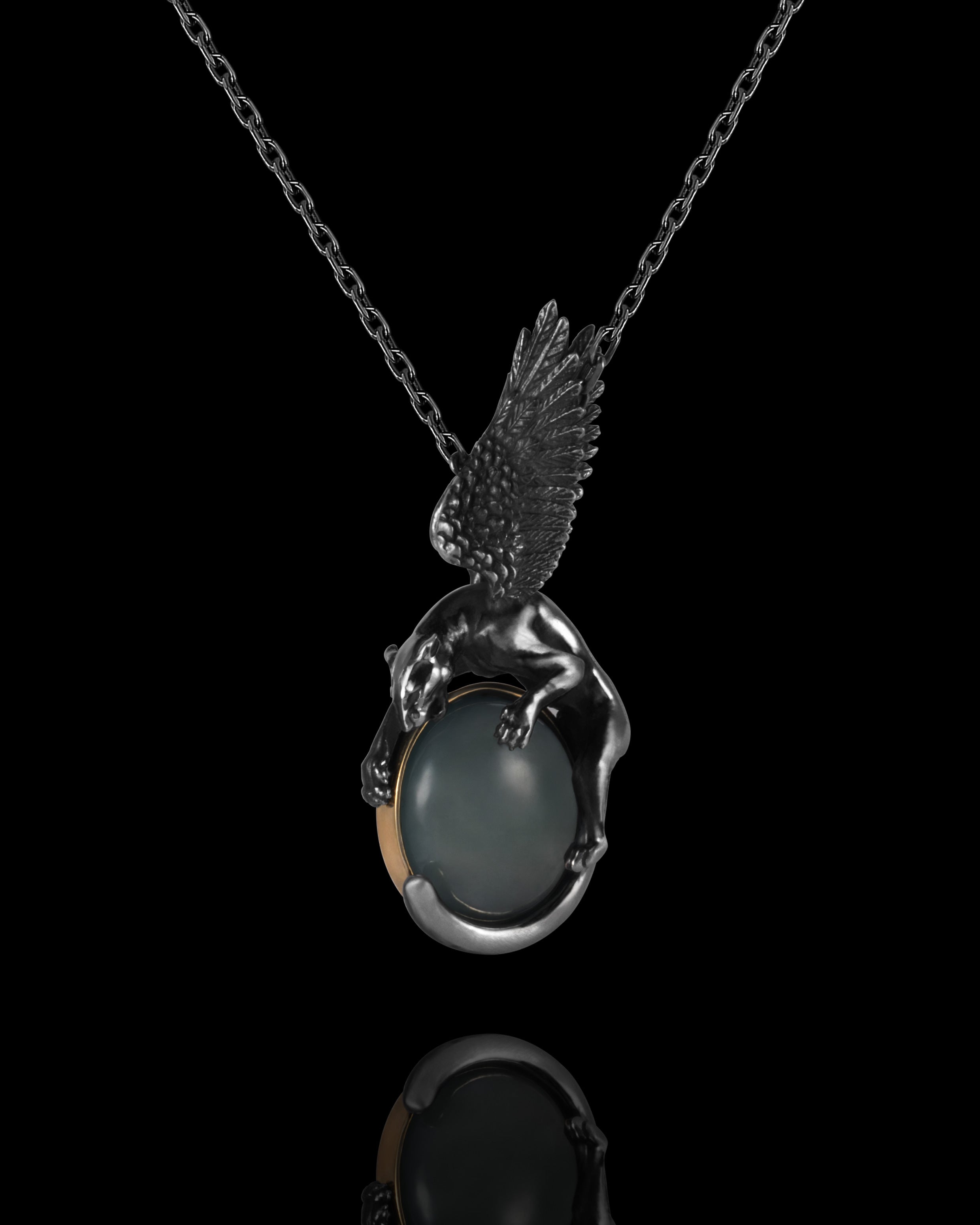 Winged Leopard Pendant In Nickel Silver With Guatemalan Jade