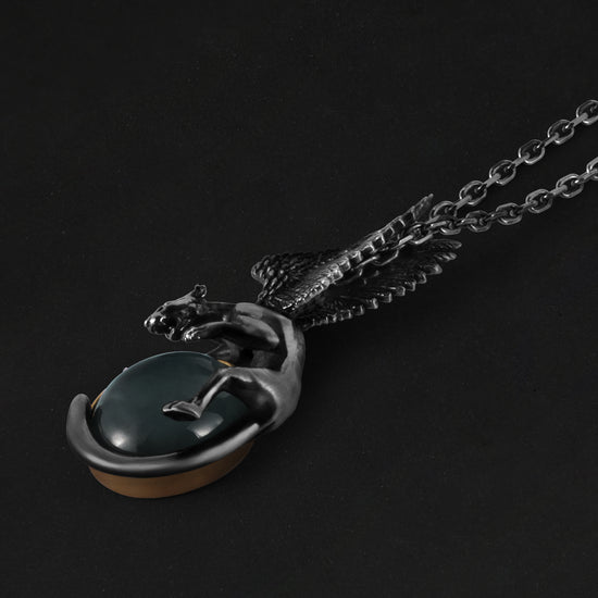Winged Leopard Pendant In Nickel Silver With Guatemalan Jade - JadeChains