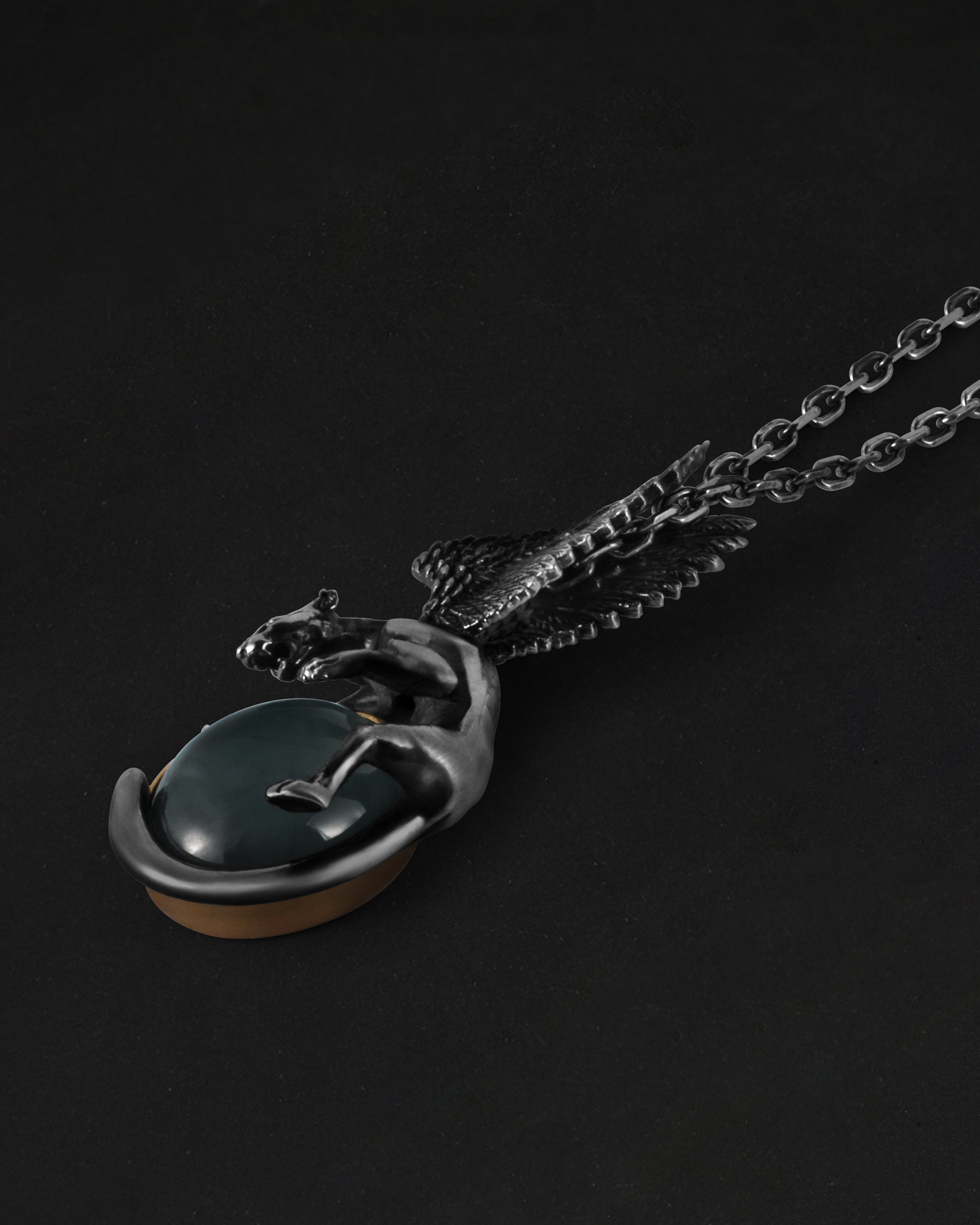 Winged Leopard Pendant In Nickel Silver With Guatemalan Jade - JadeChains
