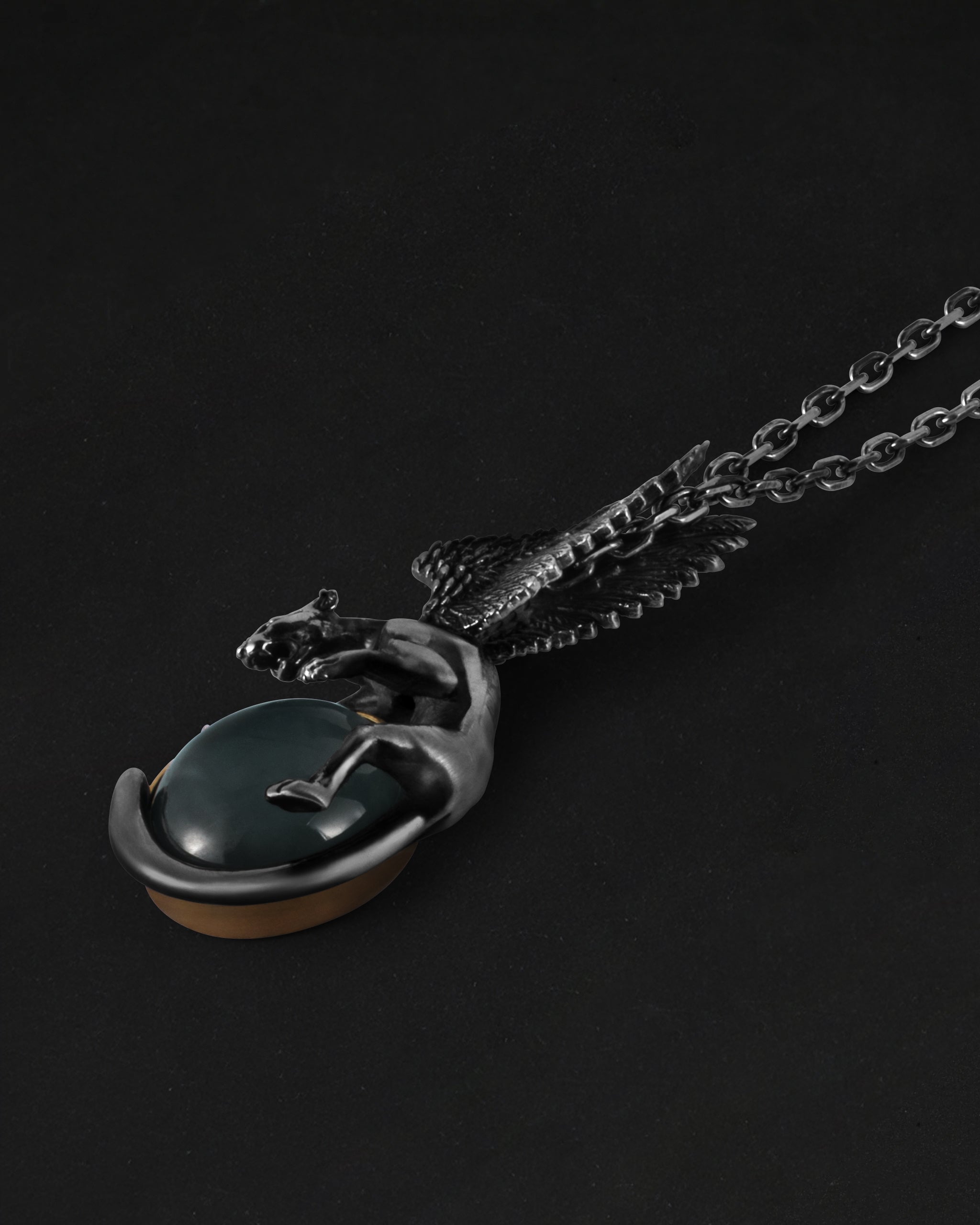 Winged Leopard Pendant In Nickel Silver With Guatemalan Jade