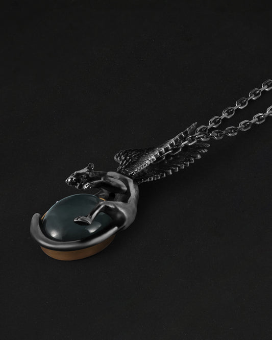 Winged Leopard Pendant In Nickel Silver With Guatemalan Jade - JadeChains