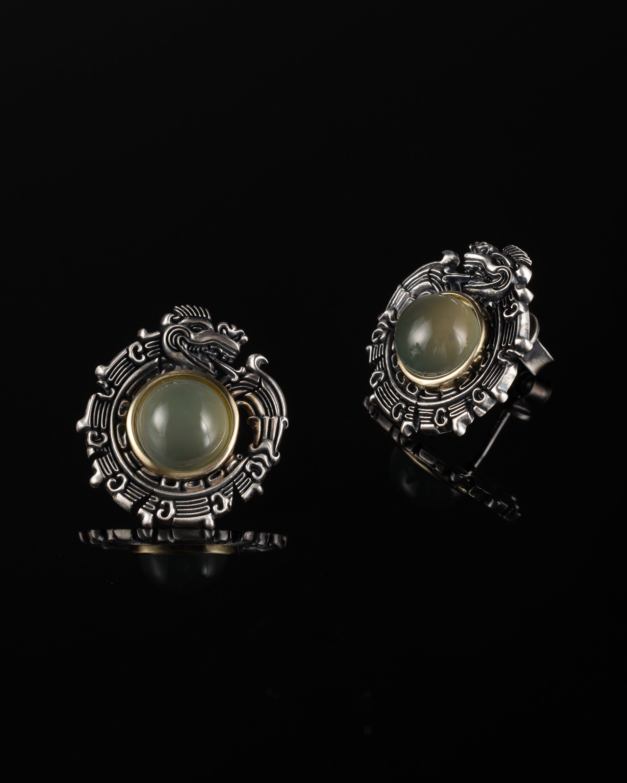 Wreathed Dragon Earrings In Nickel Silver With Guatemalan Jade