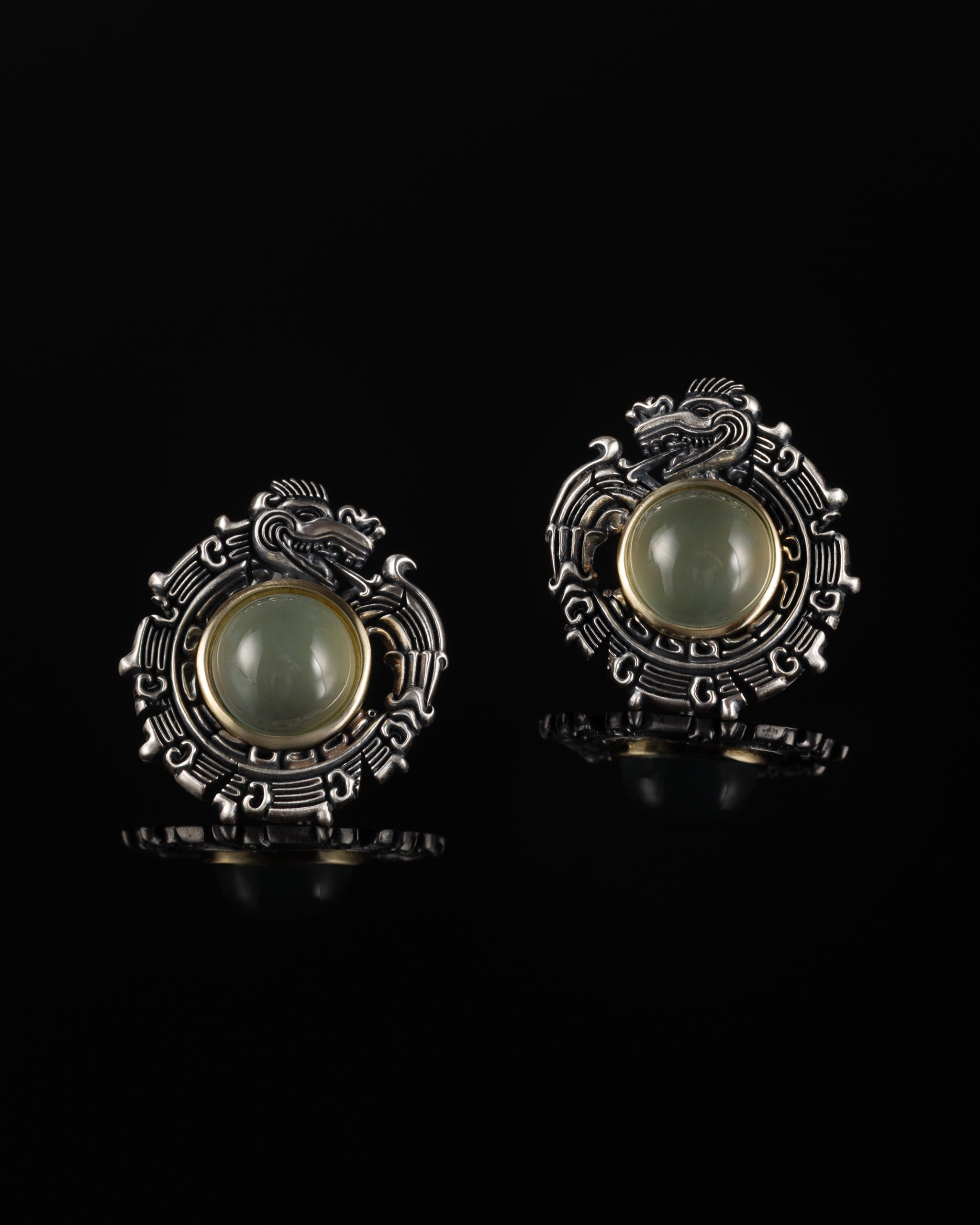 Wreathed Dragon Earrings In Nickel Silver With Guatemalan Jade