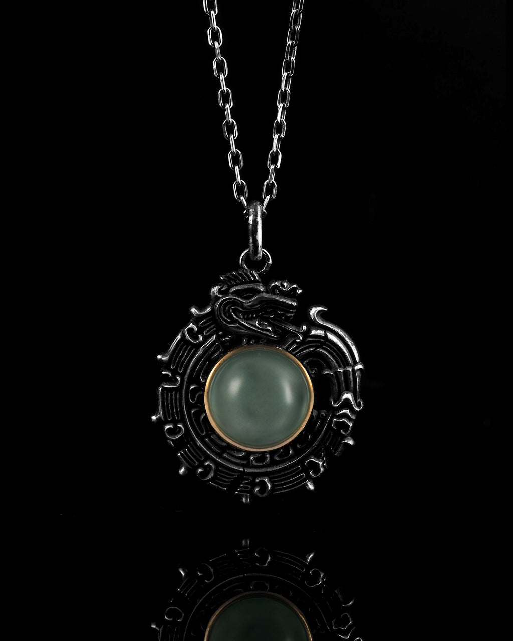 Wreathed Dragon Pendant In Nickel Silver With Guatemalan Jade