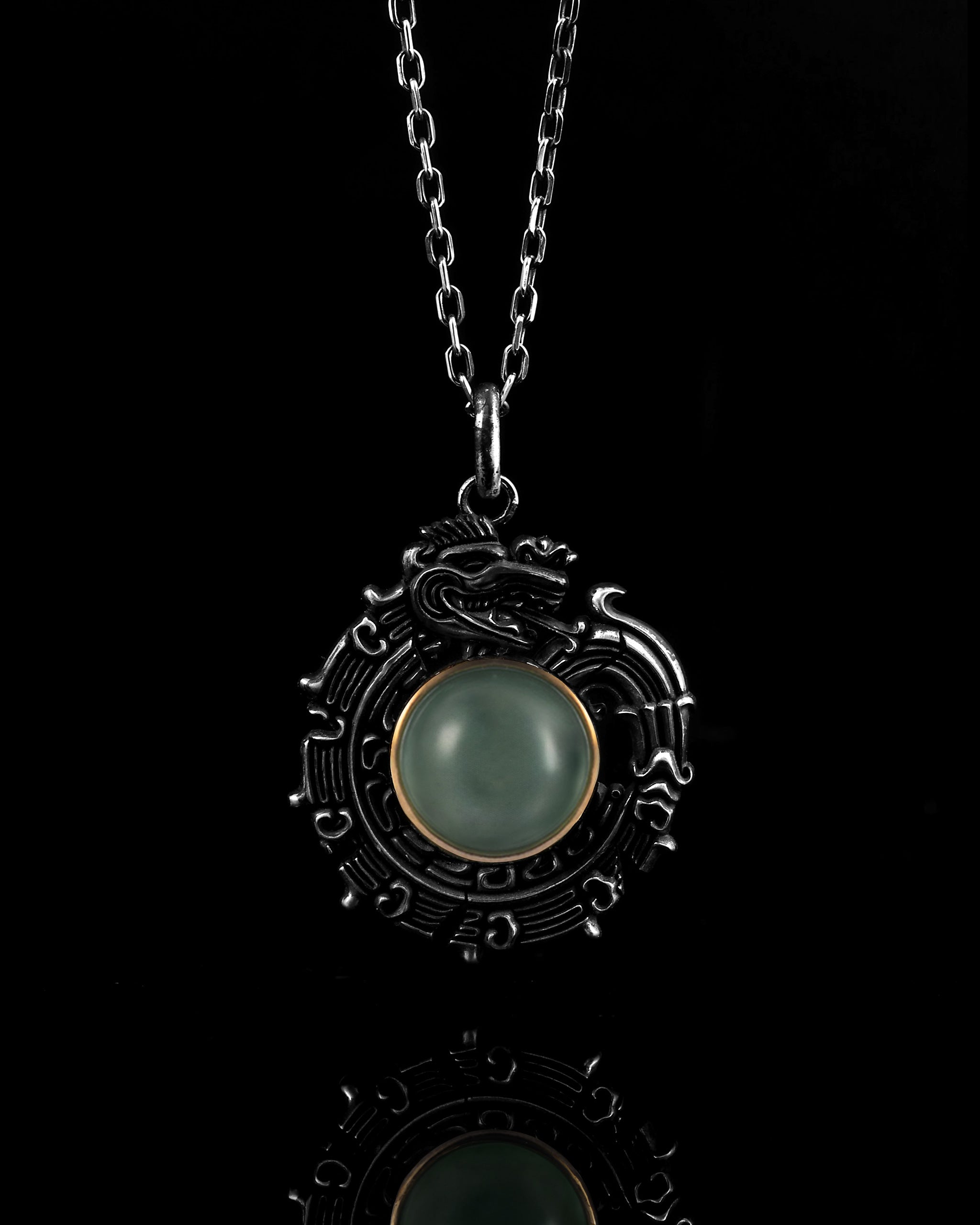 Wreathed Dragon Pendant In Nickel Silver With Guatemalan Jade
