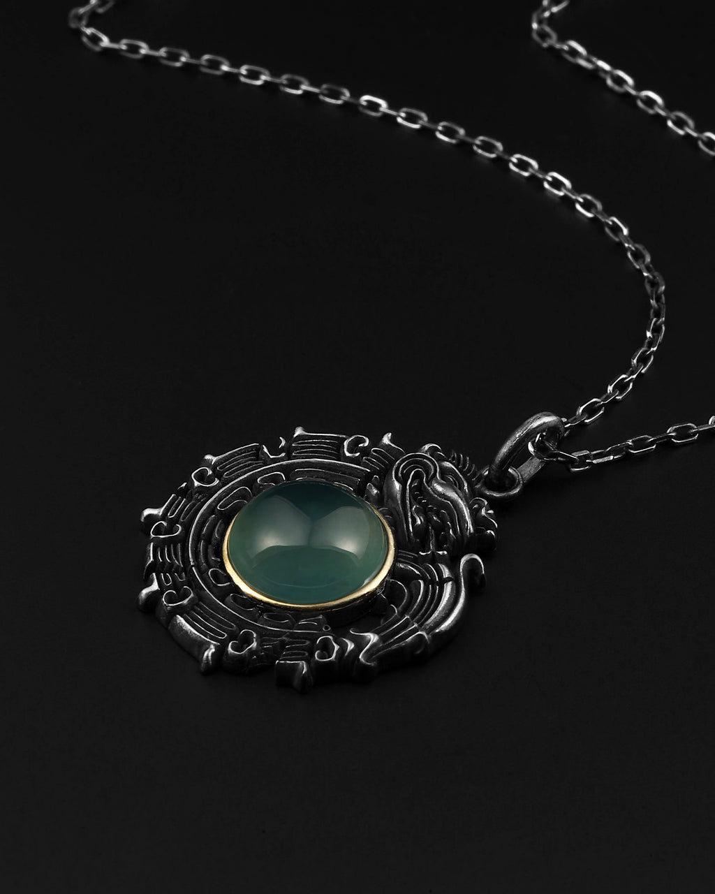 Wreathed Dragon Pendant In Nickel Silver With Guatemalan Jade